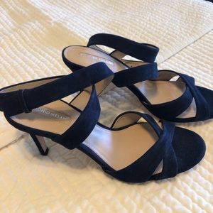 Navy suede ankle strap heeled sandals